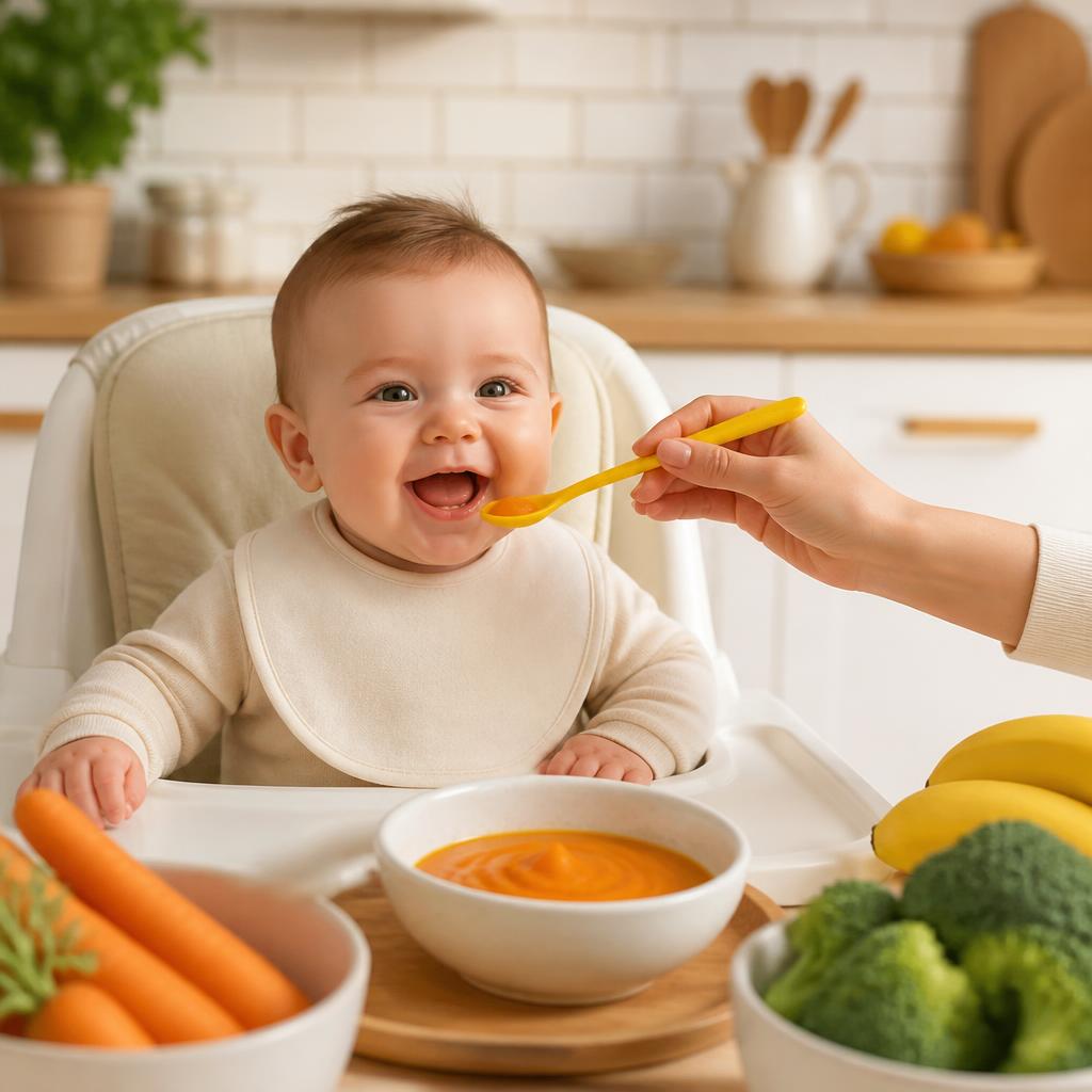 Bebê sorrindo enquanto recebe uma colherada de papinha caseira